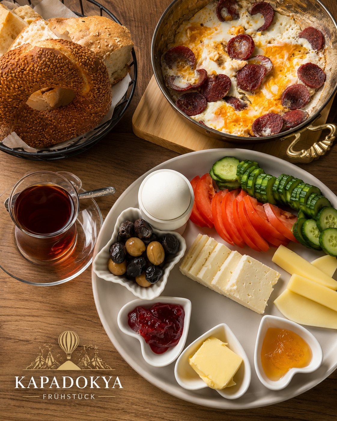 Kapadokya Frühstück mit Simit, Käse, Oliven und Menemen